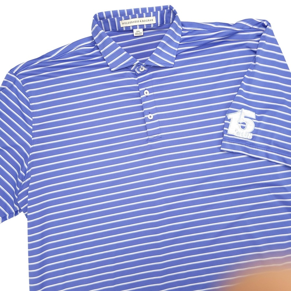 Holderness &‎ Bourne Polo Shirt Mens 2XL Blue Stripe Golf Performance 15 Club